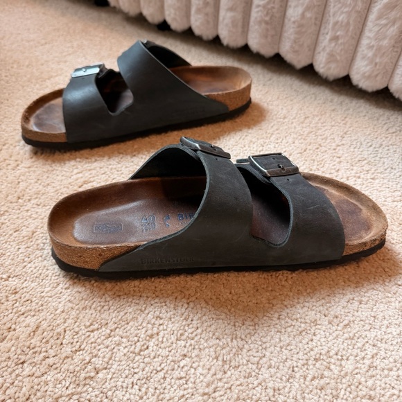 Birkenstock Black Two-Strap Leather Slide Sandals Size 40 - Picture 3 of 10